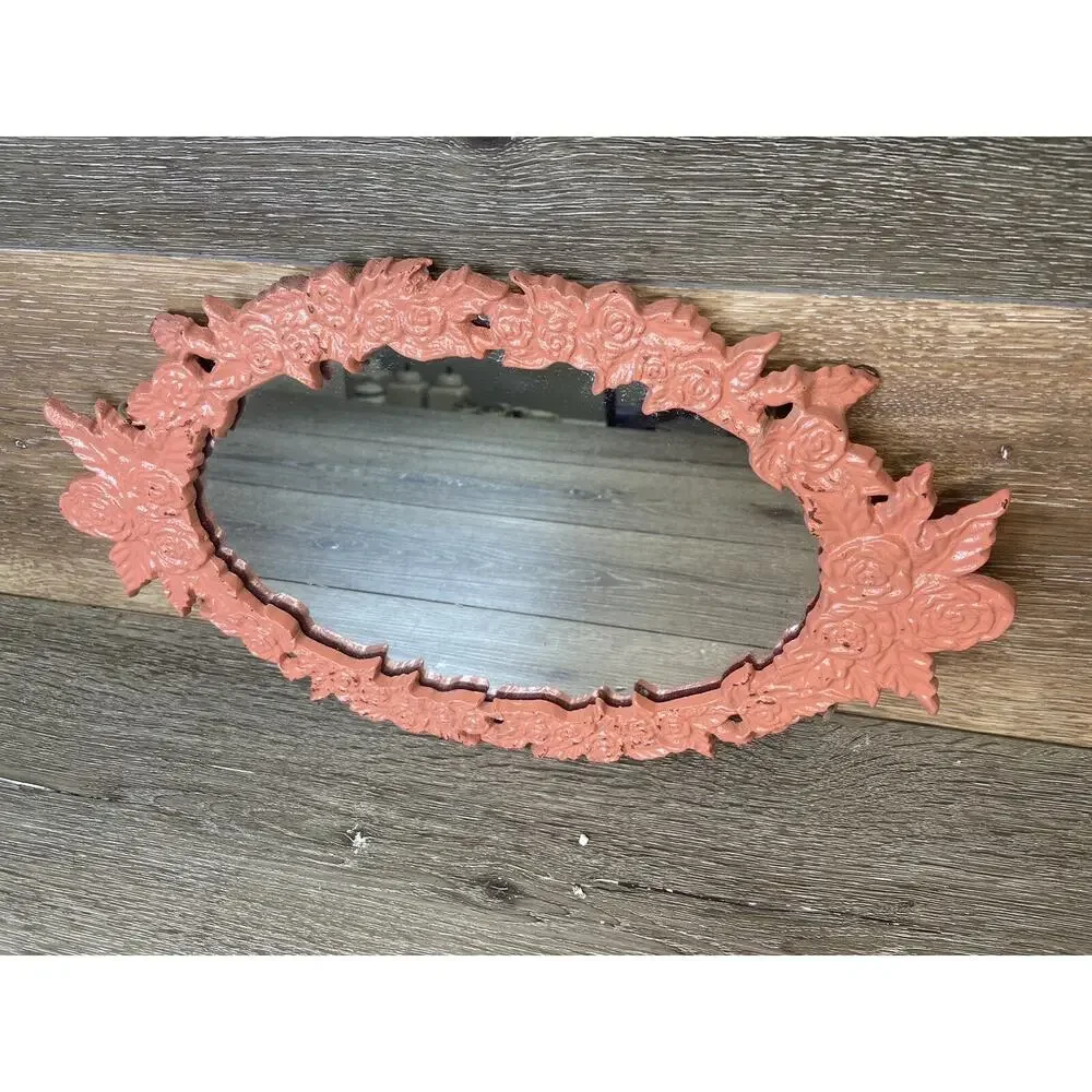 Vintage Oval Ornate Cast Metal Wall Hanging Mirror 16x9” Pink